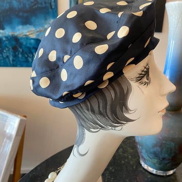 1950s hat, navy blue and white, polka dot, vintage beret, Neiman Marcus, suzy hat, classic 50s, vintage millinery, mrs maisel style 