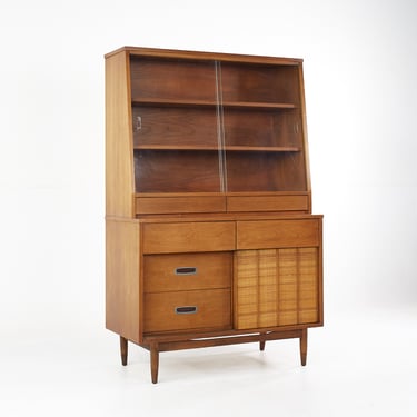 Mainline by Hooker Mid Century Walnut and Cane China Cabinet Buffet and Hutch - mcm 