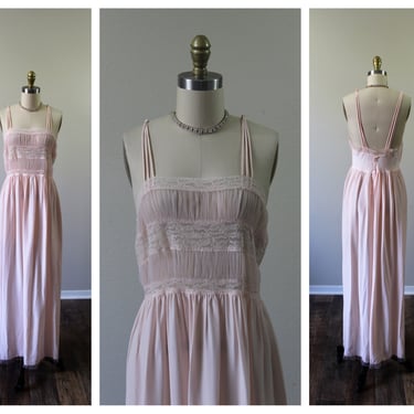 Vintage 1940s 40s TEXTRON 14  Pink rayon silk Nightgown, Lace trim, Vintage Peignoir // modern  0 2 4  extra small small 