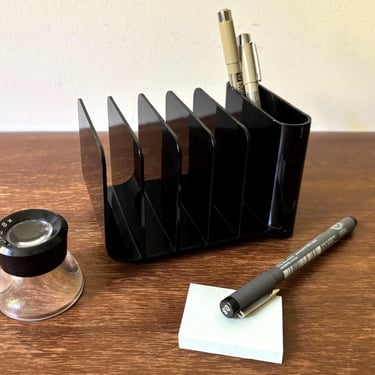 Vintage Eldon Black Plastic Letter Pen Desk Organizer | Office Table Stationery Caddy | Retro Modern Space Age Design | Pencil Letter Holder 
