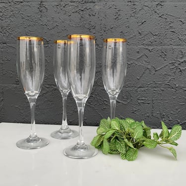 Gold Rimmed Champagne Flute Glasses / Set of 4