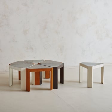 Set of 7 Wood + Smoked Glass Top Triangular Side Tables by Porada Arredi, Italy 1970s