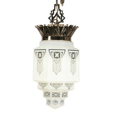 Art Deco Pendant In Polished Bronze with Black and White Skyscraper Shade #2213 