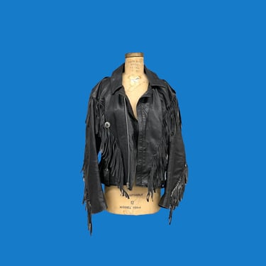 Vintage Fringe Motorcycle Jacket Retro 1980s Echtes Leder + Genuine Leather + Black + Western Wear + Conchos + Unisex Apparel 