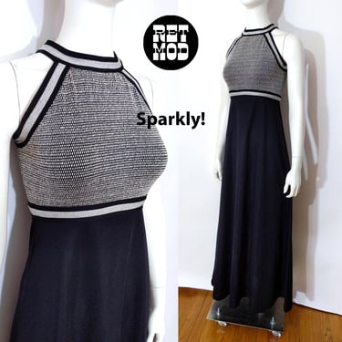 Sparkly Vintage 70s Black & Silver Lurex Tank Maxi Dress 