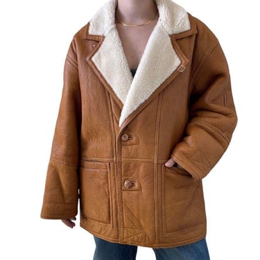 Vintage 1970s Mens Tan Brown 100% Shearling Sheepskin Leather Winter Jacket Sz L 