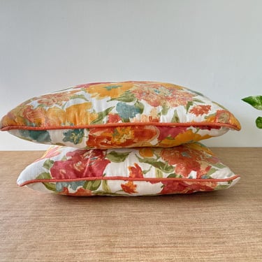 Vintage Orange Floral Throw Pillows - 19 x 18 - Set of 2 