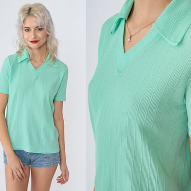 Mint Green Top 70s Shirt Short Sleeve Collared Buttonless Polo Shirt V Neck Blouse Retro Tee Johnny Collar Seventies Vintage 1970s Small S 
