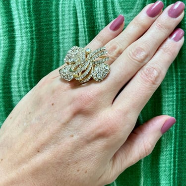 Huge Crystal Diamond Gold Bow Cocktail Ring