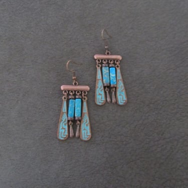 Small blue patina and copper chandelier earrings 