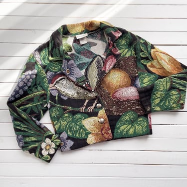 cottagecore jacket 90s vintage Paco Soler bird bunny rabbit floral woven tapestry coat 