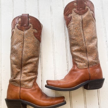 1990s Gold Stamped Leather Square Toe Cowboy Boots 