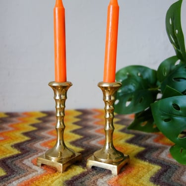 Set of 2 brass chime candle holders 3 3/4" tall for boho witchy altar decor, hippie home, holiday decoration, mini long stem candleholder 