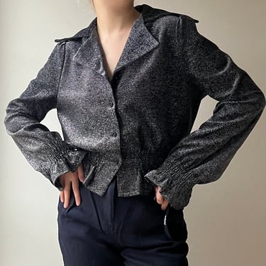 Original 70s Silver Lurex Slate Grey Dagger Lapels Disco Blouse S-M 
