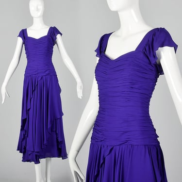 Medium 1980s Purple Evening Gown Ruched Bodice Flutter Cap Sleeves Asymmetric Layered Ruffle Skirt Cocktail 80s Vintage 