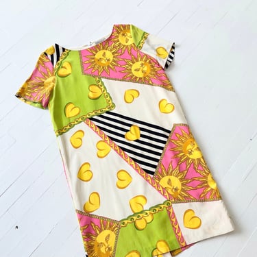 1990s Sun + Heart Print Silk Shift Dress 