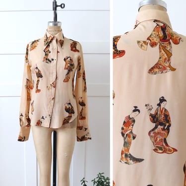 vintage 1970s geisha novelty print blouse • dagger collar disco shirt by Tucci 