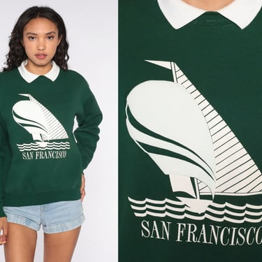 San Francisco Sweatshirt 80s Sailboat Sweatshirt Green Collared Shirt California Pullover 1980s Graphic 90s Vintage Lee Medium 