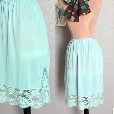 Vanity Fair Slip Skirt, Light Blue Nylon, Lacy, Lace Edge, Elastic Waist, Vintage 