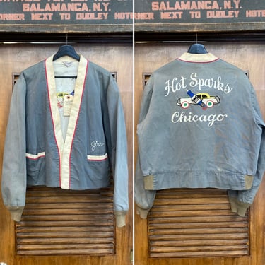 Vintage 1950’s Original “Hot Sparks” Car Club Hot Rod Embroidery Cotton Rockabilly Cardigan Jacket, Chainstitch, 50’s Vintage Clothing 