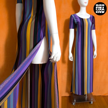 Sexy Vintage 70s Purple Yellow Stripe Long Dress with High Leg Slits 