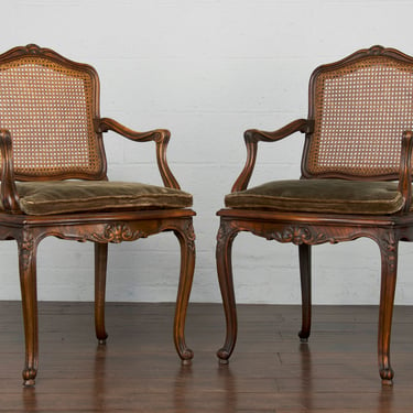 19th Century French Louis XV Style Provincial Walnut Cane Armchairs - A Pair 