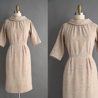 vintage 1950s Dress | Gorgeous Neutral Ivory Wool Winter Dress | Medium 