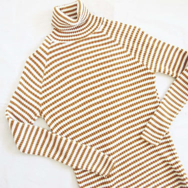 Vintage 70s Stripe Turtleneck S - Ribbed Honey Brown White Tall Mockneck Turtle Neck 