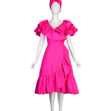 Richilene Vintage Hot Fuchsia Pink Raw Silk Dramatic Ruffle Surplice Dress