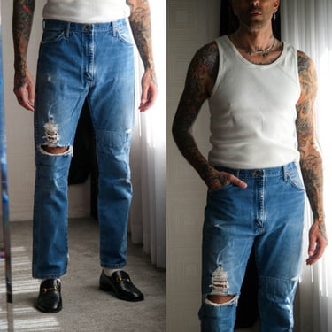 Vintage 80s WRANGLER Medium Indigo Destroyed & Patched Whiskered Wash Zip Fly Jeans | Size 34x32 | 1980s 1990s WRANGLER Designer Denim Pants 