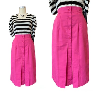 1980s skirt, button front, vintage 80s skirt, hot pink, high waist, slim fit, single pleats, medium, 28 waist, straight, over the knee 