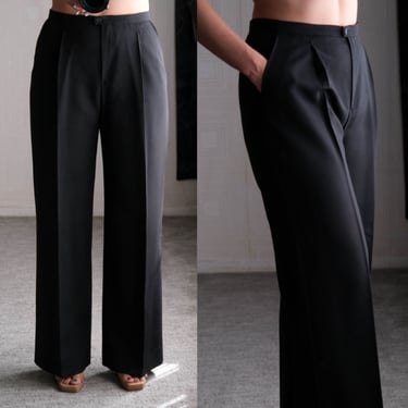 Vintage 90s GIORGIO ARMANI Black High Pleated Waist Gabardine Wide Leg Pants | Made in Italy | 1990s Emporio Armani Flare Leg Slacks 