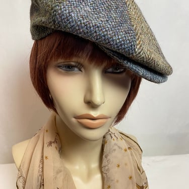 VTG 70’s Harris Tweed herringbone tweedy wool cap~ British newspaper boy style multicolored woven groovy hat Unisex Large 