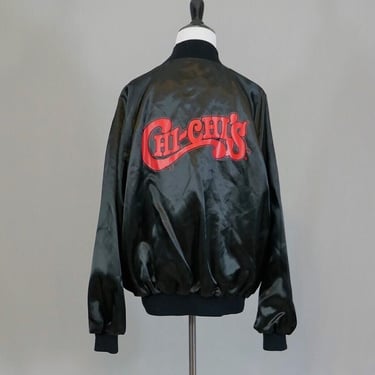 Ed's Vintage Chi-Chi's Satin Bomber Jacket - Black with Red - Snap Front Coat - XL 