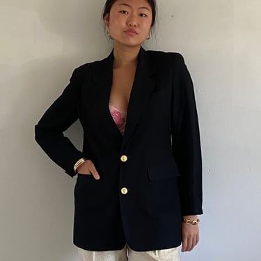 90s linen blazer / vintage black woven linen classic minimalist gold button linen blazer | Medium 