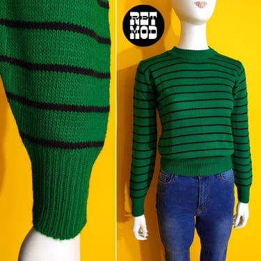 Cute Vintage 70s 80s Kelly Green & Navy Blue Stripe Pullover Sweater 