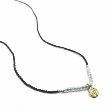 Brown Beads, Quartz, and Gold Vermeil with a Gold Vermeil Flower Charm Necklace