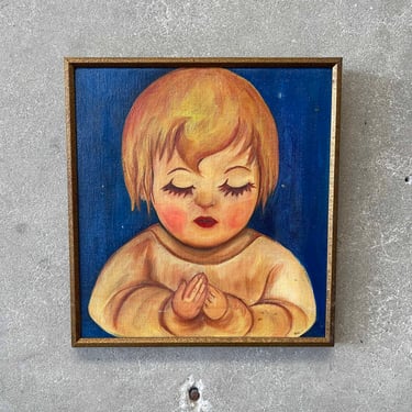 Vintage Oil on Canvas Child Praying Painting