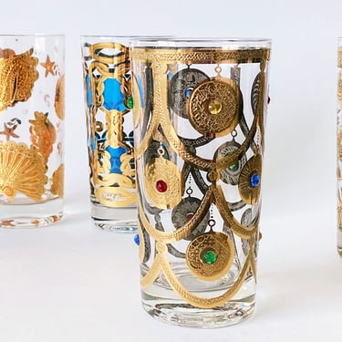 Mismatched collection of 4 Culver & Fred Press glasses for whiskey highballs and icy bar drinks. High end jewel and embossed gold designs 