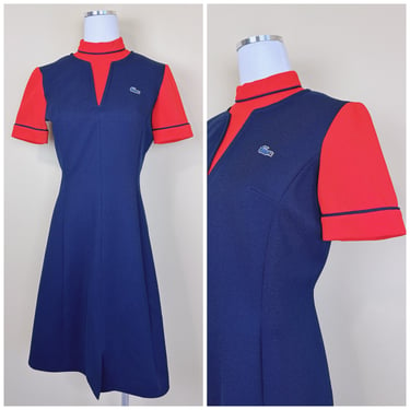 1970s Vintage Lacoste Navy and Red Mod Dress / 70s / Seventies Mock Neck Shift Dress / Medium - Large 