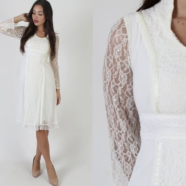 Simple Ivory Lace Prairie Wedding Dress / Vintage 70s Sheer Floral Bridal Gown / Off White Bell Sleeve Bridesmaids Frock 