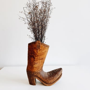 Carved Wood Cowboy Boot Vase