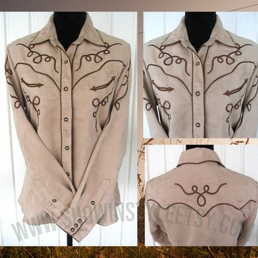 Brooks & Dunn Vintage Retro Western Women's Cowgirl Shirt, Faux Suede, Embroidered Rope Designs, Tag Size Medium (see meas. photo) 