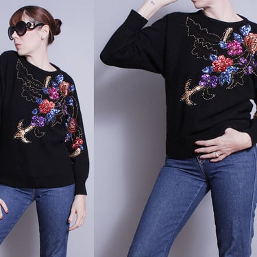 Vintage 1980's | Black | Floral | Sequin | Wool Angora Blend | Pullover | Sweater | M/L 