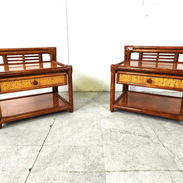 Pair of bedside night stands by Maugrion, 1970s - France - French side tables - bamboo side tables- rattan night stands 