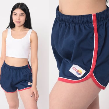 80s Swim Shorts Navy Blue Ringer Shorts Red Trim Dolphin Swim Trunks High Waisted Retro Swim Shorts 1980s Elastic Waist Small Medium 