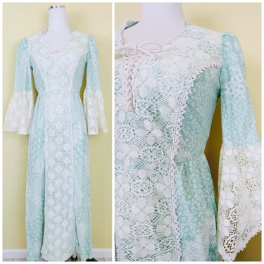 1970s Vintage Seafoam Green Cotton Floral Maxi Dress / 70s Cream Lace Corset Bell Sleeve Prairie Gown / Small 