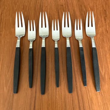 vintage fork set Amefa Holland stainless flatware black composite handles - dinner salad forks 