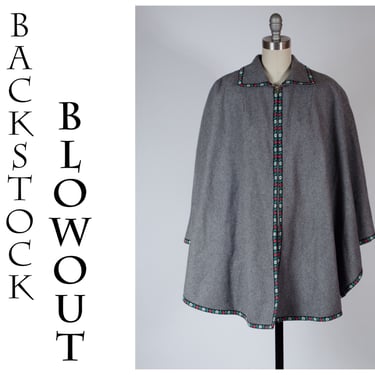 4 Day Backstock SALE - Size Med to XL - Grey Wool Zipper Front Cape with Trachten Style Trim - Item #79 