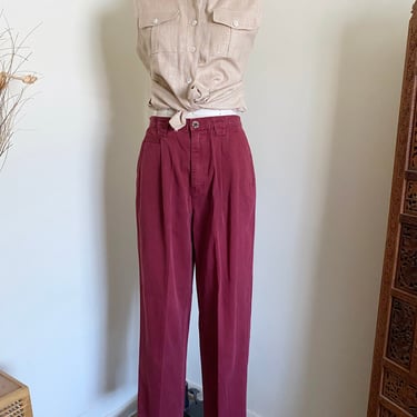 Vintage 90's High Waisted Cotton Trousers, Burgundy, Loose Fit, 28